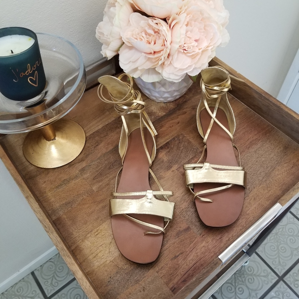 Zara Basic Gold Women's Lace Up Flats Sandals 9